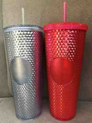 Starbucks Studded BLING Cold Cup Tumbler HOLIDAY 2019 Neon Pink & Platinum NEW - Sold on eBay Jan, 12th 2020 for $26.00