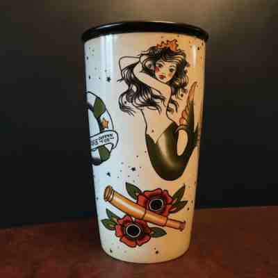 STARBUCKS 2015 Tattoo Graphic Art Siren Sailor Roses Ceramic Tumbler & Lid 12 oz - Sold on eBay Jan, 12th 2020 for $64.99