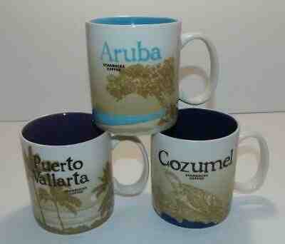 3 16 oz Starbucks Mug Cup City Collector Series Aruba Puerto Vallarta Cozumel