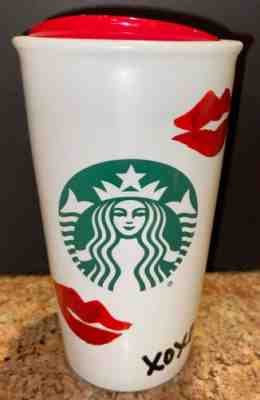 STARBUCKS 2015 XOXO Hugs Kisses Lips Travel Tumbler Coffee Mug w/ Red Lid 12 oz - Sold on eBay Jan, 12th 2020 for $24.99