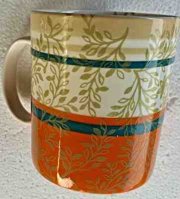 STARBUCKS Leaves Mug 2008 Teal & Orange Leaf Vine Floral ZEN 14oz Coffee MUG