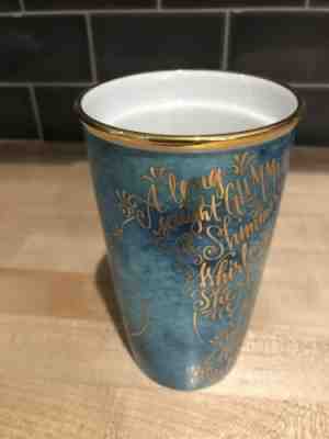 Starbucks 2016 Ceramic Coffee Tumbler 12 oz Missing Lid Blue Gold Face Writing - Sold on eBay Jan, 11th 2020 for $17.49