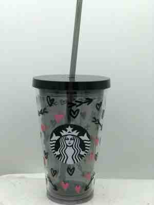 Starbucks 16.oz  gray clear tumbler w hearts. Black lid w straw  - Sold on eBay Jan, 11th 2020 for $15.20