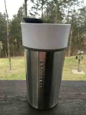 NEW STARBUCKS 2015 Silver Metal White Porcelain 12 oz Travel Mug  - Sold on eBay Jan, 11th 2020 for $16.99