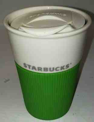 Starbucks 2012 White 8 oz Cup and Lid Green Silicone Grip Bone China - Sold on eBay Jan, 11th 2020 for $17.49