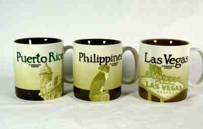 3 STARBUCKS CITY COFFEE MUGS Las Vegas ('09) Phillipines ('13) Puerto Rico ('11) - Sold on eBay Jan, 11th 2020 for $22.00