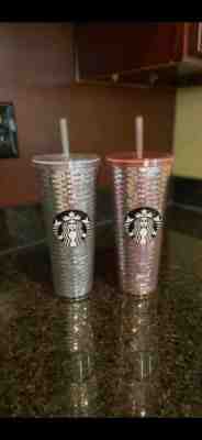 NEW Starbucks 2017 Pink Silver Sequins 24 oz Venti Cold Cup SET OF 2 *READ Crack - Sold on eBay Jan, 11th 2020 for $44.99