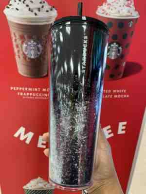BRAND NEW Starbucks Holiday 2019 Venti Tumbler BLACK/SILVER Cascading Snow 24oz  - Sold on eBay Jan, 13th 2020 for $24.00
