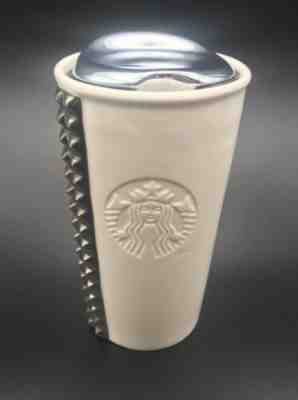 2014 Starbucks 12 oz. SILVER STUDDED Ceramic Travel Mug White Silver Coffee Tea - Sold on eBay Jan, 13th 2020 for $24.99