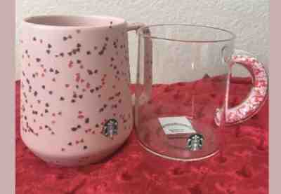 ???? 2020 Starbucks Confetti Hearts Handle Glass Mug Valentines 2 Set Pink ???? Gift - Sold on eBay Jan, 13th 2020 for $44.99
