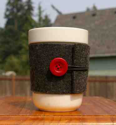 Starbucks Coffee Company 2010 14oz White Mug Grey Wool Felt Sleeve & Red Button - Sold on eBay Jan, 13th 2020 for $26.00