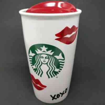 Starbucks 2015 XOXO Lips Hugs Kisses Ceramic Travel Tumbler 12oz. w/ Red Lid  - Sold on eBay Jan, 13th 2020 for $39.00