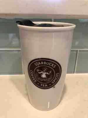 Starbucks Ceramic Travel Mug 2012 The First Store Brown Logo & Black Lid 12oz - Sold on eBay Jan, 13th 2020 for $28.76