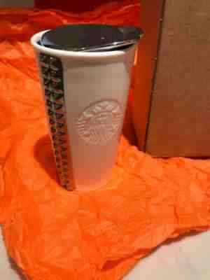 New Starbucks 2014 White Silver Chrome Studded Double Wall Ceramic Tumbler 10 oz - Sold on eBay Jan, 14th 2020 for $23.00