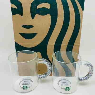 2 Starbucks Glitter Handle Glass Mug 2019 Holiday Cup **Limited Edition** - Sold on eBay Jan, 15th 2020 for $59.00