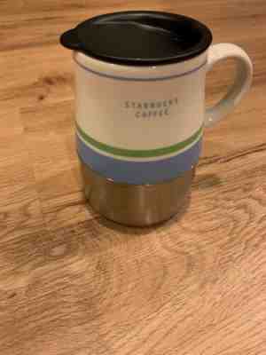 STARBUCKS COFFEE 2005 Urban Desk 14oz Mug Blue Green Ceramic & Stainless w/Lid - Sold on eBay Jan, 15th 2020 for $27.00