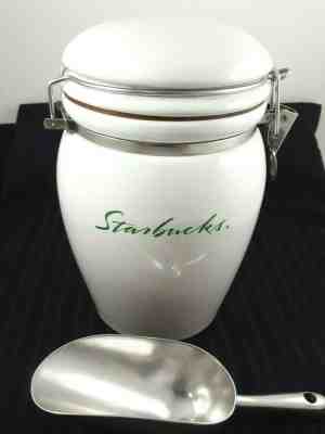 Starbucks White Ceramic Coffee Tea Canister Jar Vintage Green Script w/ Scoop - Sold on eBay Jan, 15th 2020 for $19.95