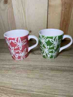 (2) Starbucks 2008 Green & Red Floral Lily Flower Ceramic Coffee Tea Mug 16 Oz