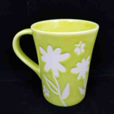 STARBUCKS 2007 Lime Green White Embossed Mod Flowers Butterflies 12oz Coffee Mug - Sold on eBay Jan, 16th 2020 for $19.99