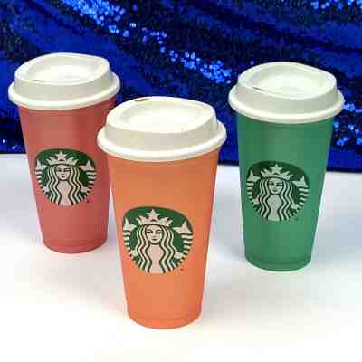 2013 Starbucks Plastic Hard Coffee Cups W/ Lids Red Orange Green 3-LOTS 16 Fl Oz - Sold on eBay Jan, 16th 2020 for $17.47