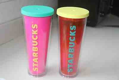 STARBUCKS 2014 TWO COLD CUPS BRIGHT PINK & CLEAR RED - TEAL, YELLOW LIDS - 24 OZ