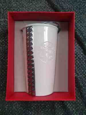 Starbucks 2014 Chrome Silver Studded White Coffee Mug Ceramic Tumbler 10 oz New - Sold on eBay Jan, 18th 2020 for $35.00