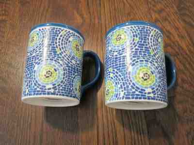 STARBUCKS lot of two 2008 blue-green-aqua mosaic coffee mugs.  16 oz - Sold on eBay Jan, 18th 2020 for $23.97