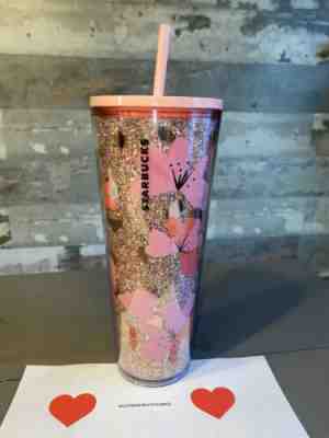 Starbucks 2020 Valentines Day 24oz Tumbler Hearts Glitter Pink Heart Florals - Sold on eBay Jan, 18th 2020 for $29.00