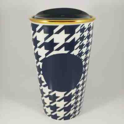 STARBUCKS 2015 Blue Dot Houndstooth Ceramic Travel Mug Coffee Cup w Lid 12oz - Sold on eBay Jan, 18th 2020 for $24.75