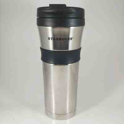 STARBUCKS 2015 Stainless Steel Double Wall Travel Mug Coffee Cup 16oz w Grip - Sold on eBay Jan, 21st 2020 for $26.99