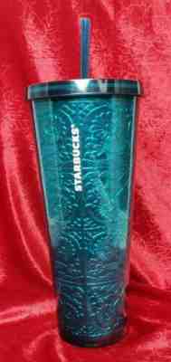 Starbucks Cold Cup Tumbler with Straw Floral Metallic Foil Teal Green 24 ounces  - Sold on eBay Jan, 20th 2020 for $30.00