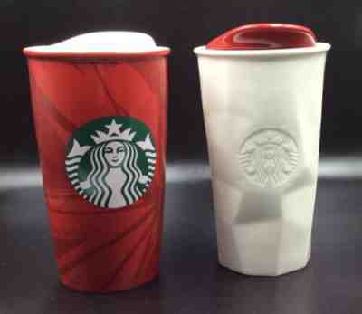 Starbucks Red & White Lot Of 2 20 Oz Ceramic Coffee Tumblers - Sold on eBay Jan, 20th 2020 for $35.95