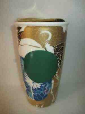 2014 Starbucks Ceramic Double Wall Travel Mug w Lid Scarab Series Gold & Blue - Sold on eBay Jan, 19th 2020 for $16.99