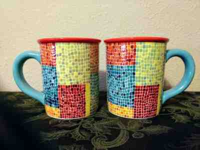 TWO Starbucks Barista 2002 Mosaic Tile Design Large 18 oz Mug Red Blue Orange  - Sold on eBay Jan, 19th 2020 for $45.00