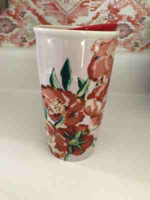 Starbucks Ceramic Travel Mug Floral Flowers Red Lid 10 oz Cup Tumbler 2015 - Sold on eBay Jan, 21st 2020 for $23.00