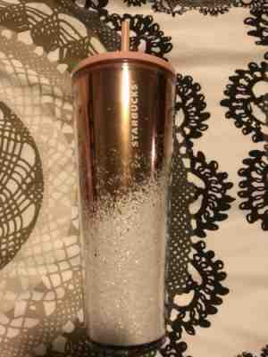 Starbuck Tumbler Rose Gold Pink White Snow Glitter 2019 Holiday Winter Cold Cup - Sold on eBay Jan, 21st 2020 for $23.00