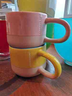 Set of 2 Starbucks 2018 Terra Cotta Long Handle Coffee Mugs 12oz Yellow & Pink - Sold on eBay Jan, 23rd 2020 for $44.88