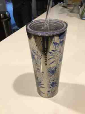 NWT Starbucks 2019 Silver Stainless Steel Cold-Cup Tumbler Blue Succulents 16oz - Sold on eBay Jan, 23rd 2020 for $15.99