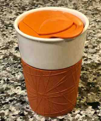 Starbucks 8 Oz ceramic Travel tumbler White Orange lid and rubber hand protector - Sold on eBay Jan, 23rd 2020 for $25.00