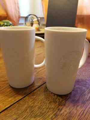 2 Starbucks Ceramic 16 Oz Coffee Mugs 2014 & 2015 White Embossed Siren Logo FS - Sold on eBay Jan, 23rd 2020 for $35.00