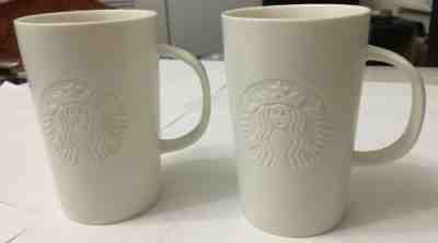 2 Starbucks Tall Mugs White Cream Siren Mermaid Tall Matte Finish Embossed 2014  - Sold on eBay Jan, 22nd 2020 for $39.95