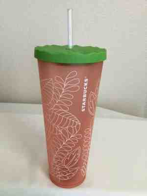 Starbucks Tall Cold Beverage Matte Coral & White Leaf 24 oz Tumbler with Tag - Sold on eBay Jan, 24th 2020 for $29.00