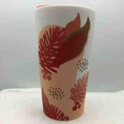 Starbucks 12 Oz White Ceramic Tumbler /Travel mug. Pink & Red Leaves, pine cones - Sold on eBay Jan, 23rd 2020 for $24.00