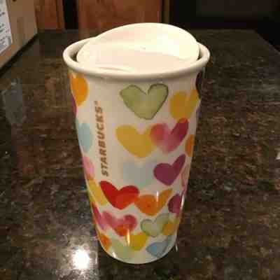 2015 Starbucks Ceramic 10 oz Mug Travel Tumbler Rainbow Watercolor Hearts - Sold on eBay Jan, 22nd 2020 for $16.99