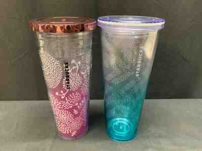 Set of 2 ~ Starbucks Pink / Blue ~ Plastic Travel Drink Tumbler w/Lid ~ 24 oz - Sold on eBay Jan, 25th 2020 for $21.24