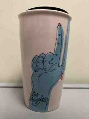 Starbucks LOS ANGELES Pink Blue Fingers Double-Wall Ceramic Coffee Tumbler 12fl - Sold on eBay Jan, 26th 2020 for $37.50