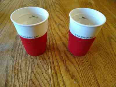 Starbucks White Bone China 8 Oz Travel Mugs Red Silicone Set Of 2 2011 Tumbler - Sold on eBay Jan, 26th 2020 for $40.00