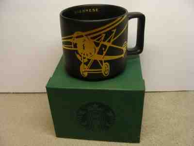 NIB Starbucks 2016 AIRPLANE Coffee Mug Cup 14 Fl oz. Viennese Design Black Gold - Sold on eBay Jan, 26th 2020 for $16.99