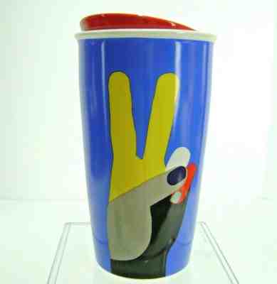 Starbucks 2017 Peace Sign Ceramic Travel Mug Cup Tumbler 12 oz w/ Lid Blue Red - Sold on eBay Jan, 26th 2020 for $19.95
