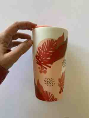 Starbucks 12 Oz White Ceramic Tumbler /Travel mug. Pink & Red Leaves, pine cones - Sold on eBay Jan, 26th 2020 for $25.00